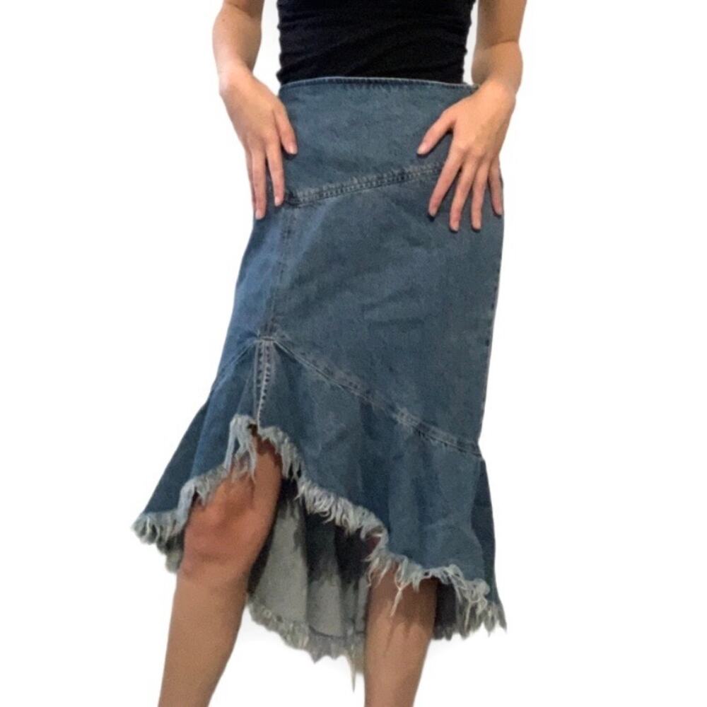 Free People Denim Midi Skirt Blue Jean Asymmetrical Size 4